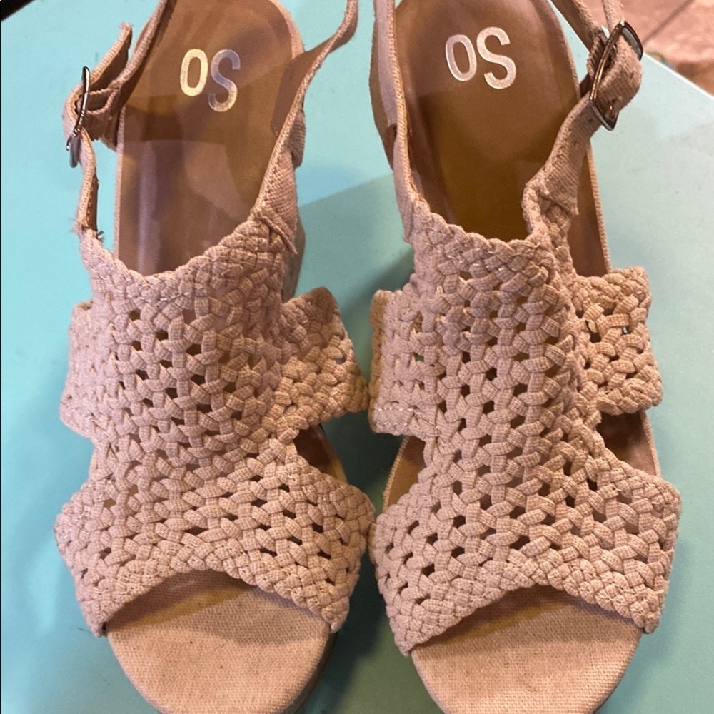 Women's Cream Woven Size 8.5M Cork Style Heeled Sandals Wedding Guest